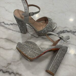 Sparkling Silver Block Heel Sandals